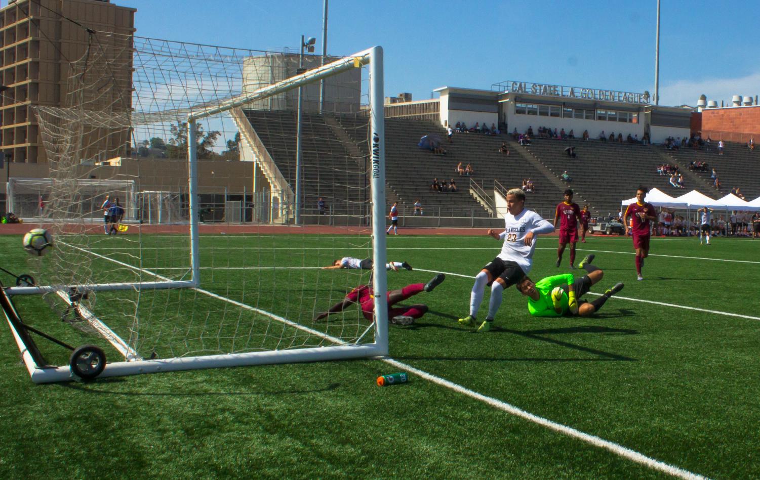 Cal State LA midfielder, Leonardo Nogueira (23), shoots on goal during the Golden Eagles vs the Cal State Dominguez Hills, Toros, on Wed. Sept. 26, 2018 at the Jesse Owens Stadium. (Photo: Michael Griego)