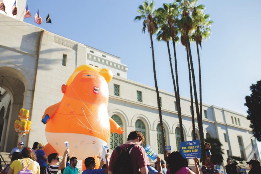 Baby Trump balloon makes it second debut two weekends in a row at the Yes on 10 rally in Grand Park in DTLA.