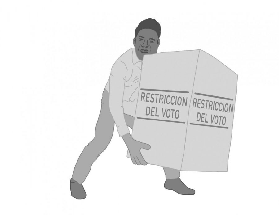 Man carrying a box stating Restriccion Del Voto