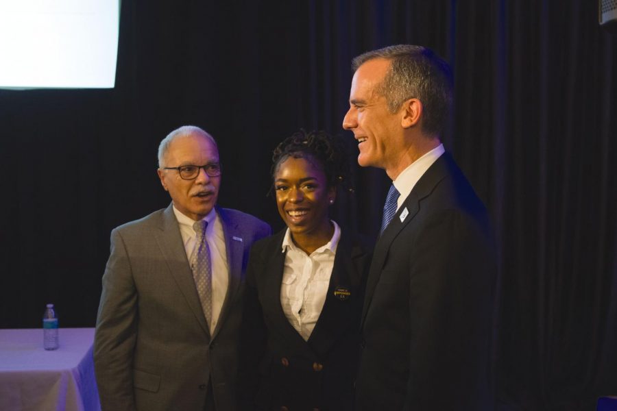 Cal State LA president William Covino (left), ASI President Nia Johnson (middle) and Los Angeles mayor Eric Garcetti after Garcetti_s keynote speech.