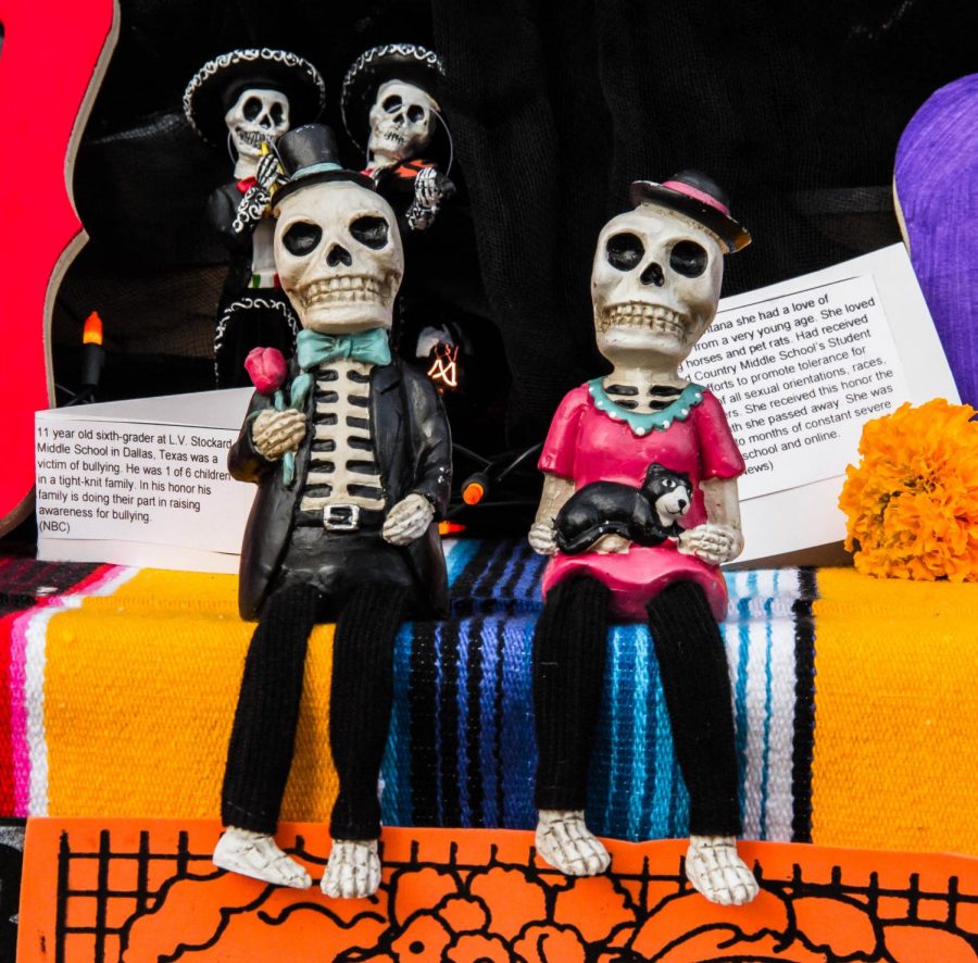 Picture of two skull statures, embracing Day of the Dead