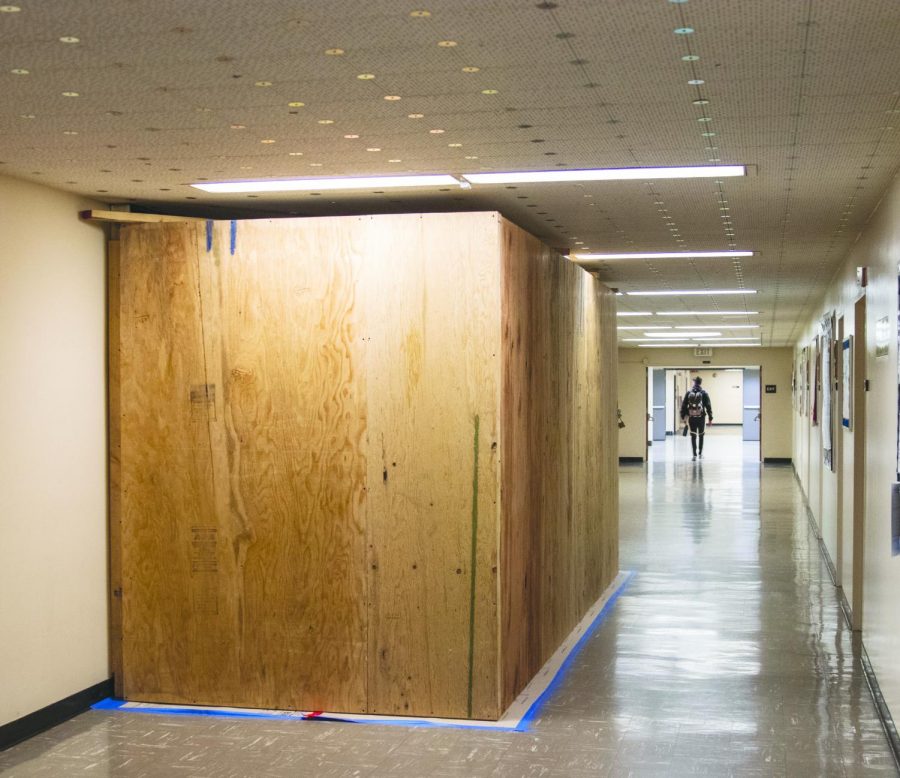 King Hall elevator maintenance obstructing a large portion of the hallway in all five levels of the building