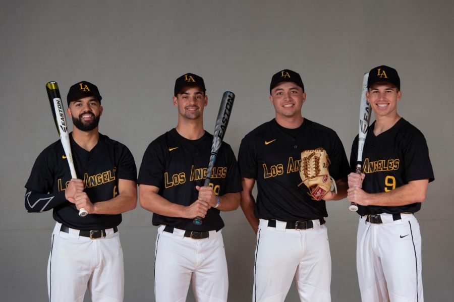 Mens baseball team ready to start the 2019 season. Picture left to right: Nate Alam, Adam Gordon, Saxon Andross, Spencer Sundahl. Photo courtesy of Cal State LA Athletics