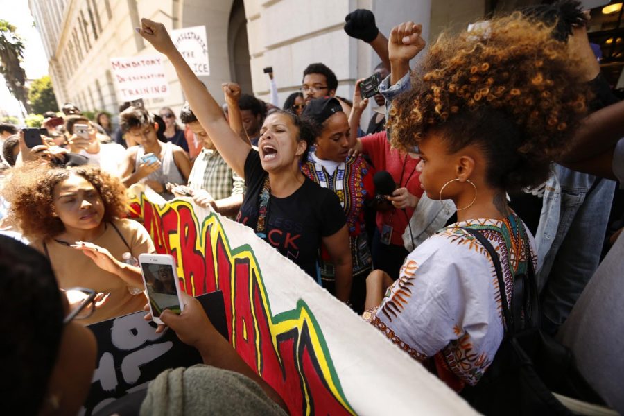 Chair of Pan African Studies, Melina Abdullah, outside Los Angeles City Hall after being detained.