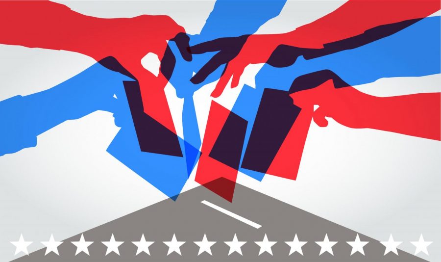 Colourful+overlapping+silhouettes+of+people+voting+in+USA+elections.