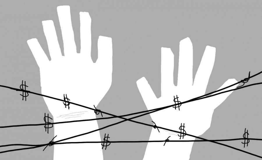 Picture of two hands on a barbed wire, pictured as dollar signs.