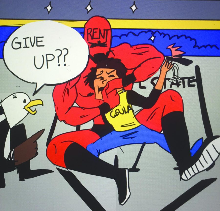 Comic of csula student being beaten up by a man which represents rent.