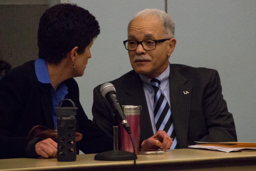 Former Provost and Vice President for Academic Affairs Dr. Lynn Mahoney (left) and Cal State LA President William A. Covino (right) at the Academic Senate meeting on Tuesday, April 23