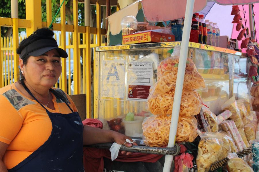 A portrait of Oralia Figueroa Castaneda beside her fruit stand.