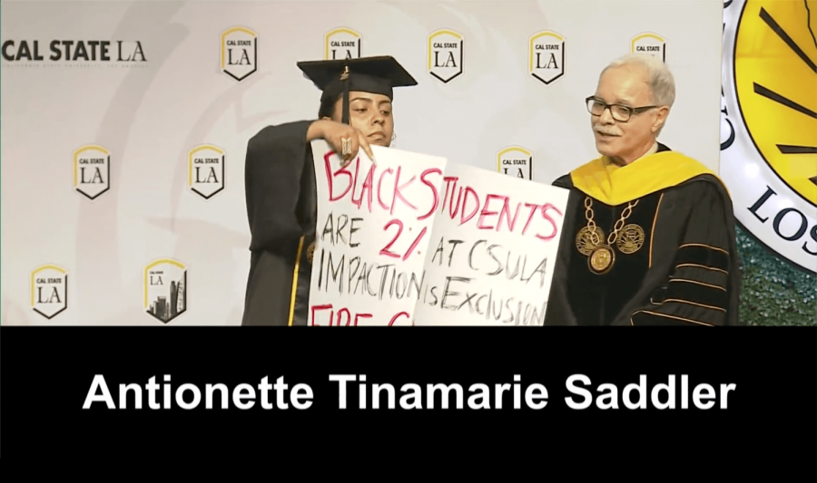 Picture+of+Cal+State+LAs+live+streamed+video+of+the+college+of+Natural+and+Social+Sciences.+Antoinette+Tinamarie+Saddler%2C+a+Cal+State+LA+Pan-African+Studies+graduate%2C+protests+Presidetn+William+A.+Covino+by+holding+up+a+sign+that+reads+Black+students+are+2%25+at+CSULA%2C+impaction+is+exclusion%2C+Fire+Covion.