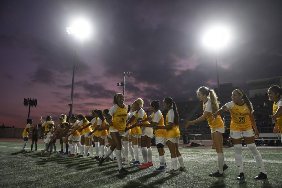 Cal State LA womens soccer prepare to take the field against Stanislaus State. Cal State LA win home game against Stanislaus State at the Jesse Owens Track & Field.