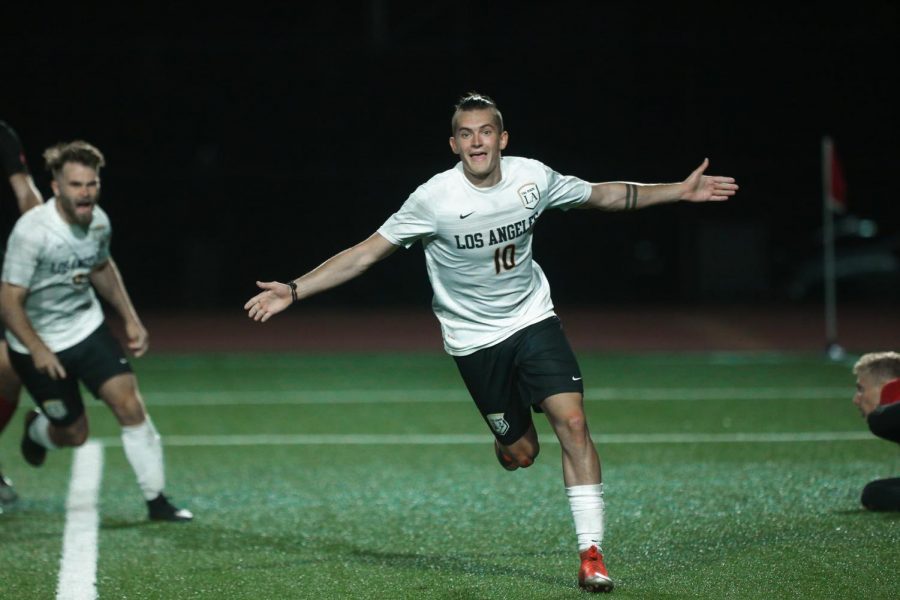 David Elizaga (10) celebrates game winning goal in overtime. Cal State LA mens soccer defeated Biola University 3-2.