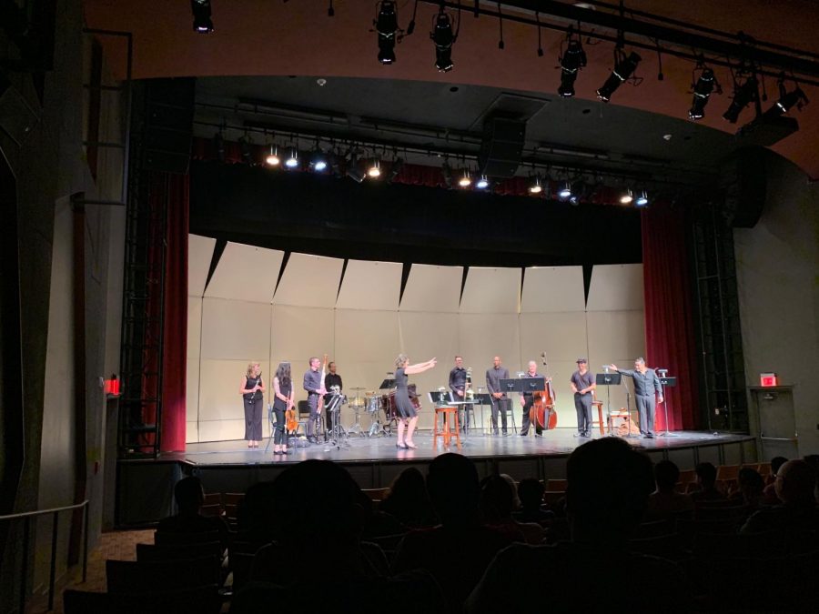 Faculty Members of the Music, Theatre and Dance Departments, bowing at the end of the A Soldiers Tale.