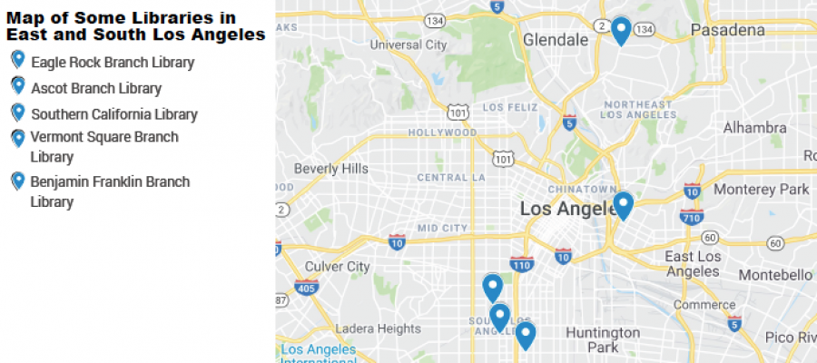 Public libraries on the Eastside and South Los Angeles offer various services. Map by Richard Tzul