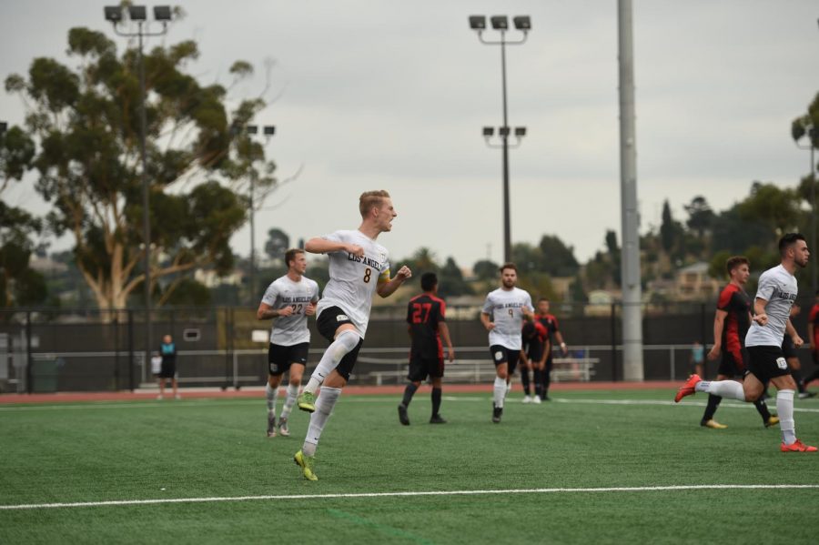 Tim Klefisch gets pumped up against Stanislaus State. The golden eagles defeated the warriors 5-1.