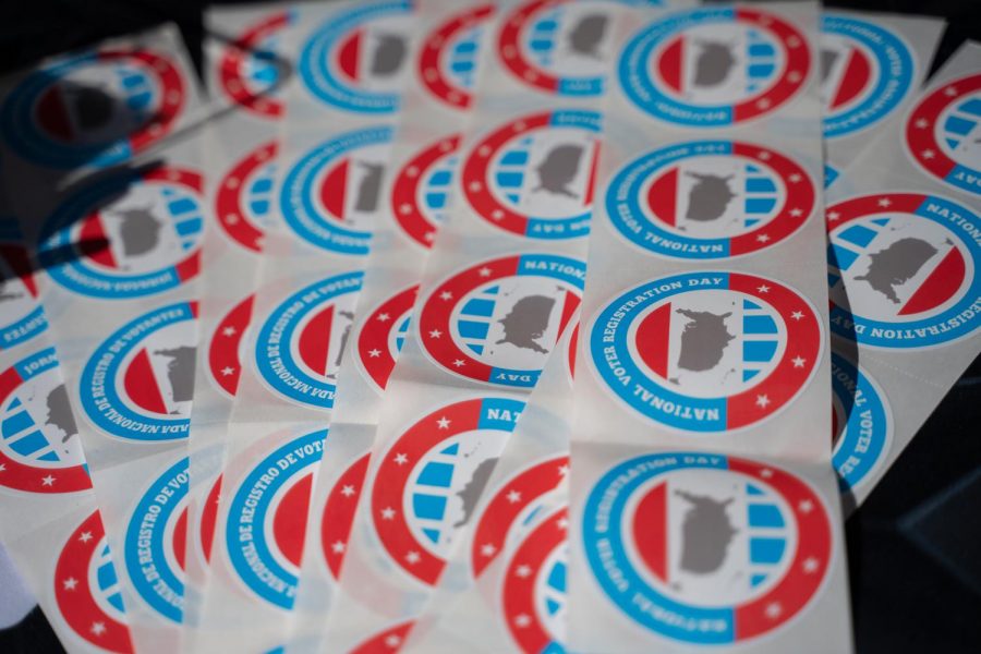 Voter stickers were given out to students who signed up to vote in the booths. The booths were located at the USU Plaza.