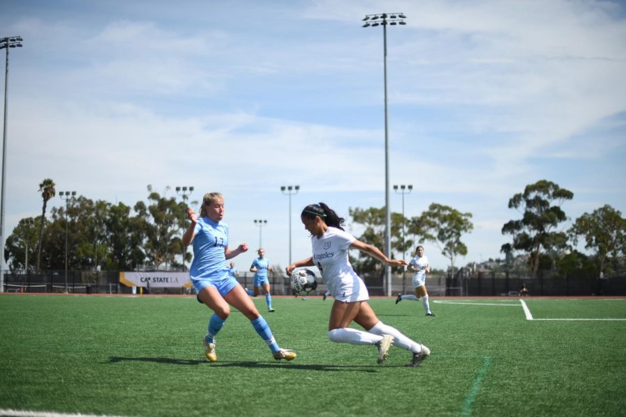 Yailene Lemus (right) counters the opposing player from the ball. Cal State LA womens soccer team won against Western Washington in a game of 1-0 on Monday, September 16, 2019.