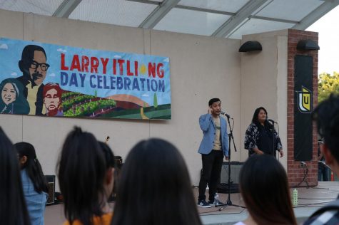 Stephanie Sajor and Eddy M. Gana Jr., who make up the spoken word duo Steady, share their poetry at the Larry Itliong day celebration hosted on campus.