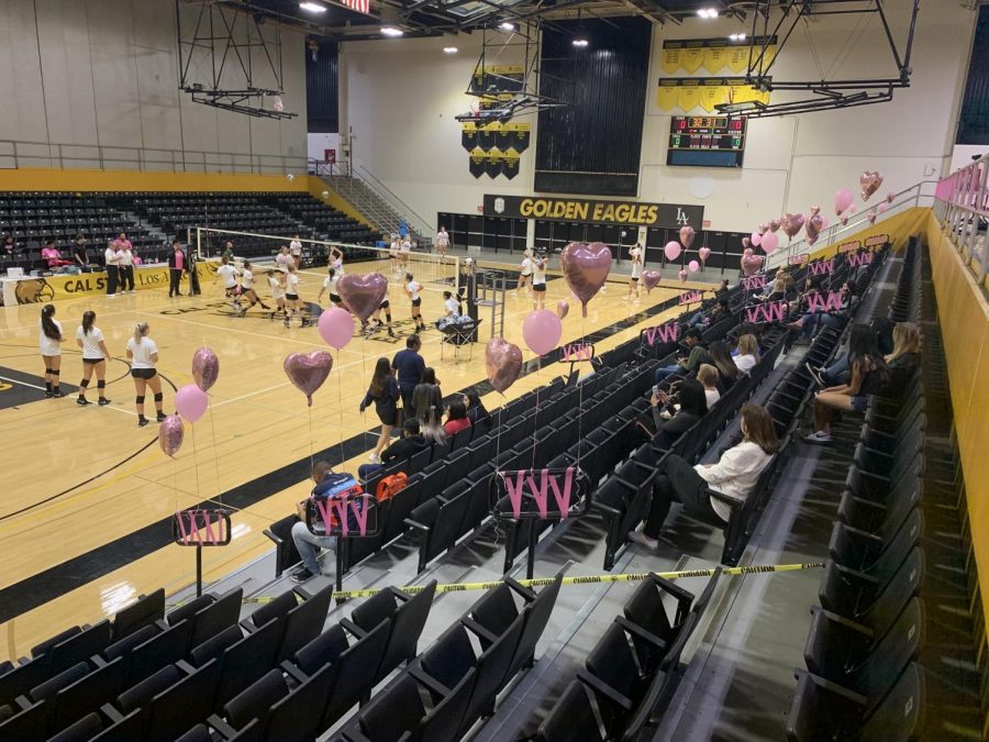 The Cal State LA gym held up pink balloons all over the gym for Breast Cancer Awareness.