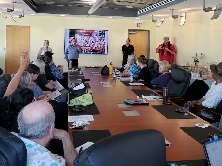 California Faculty Association hold a meeting on campus to discuss their pay, benefits, and other matters as they prepare for contract negotiations.