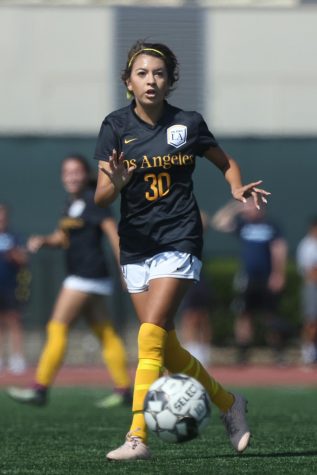 Selena Cuara (30) looks across the field to pass the ball. Cal State LA women's soccer lost to Sonoma State 3-1.