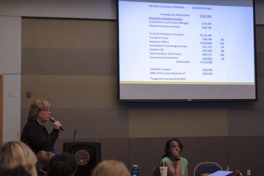 Lisa Chavez (left) speaks about Cal State LAs budget with an accompanied visual aid at the academic senate meeting. The meeting took place on September 24th in the Golden Eagle Ballroom.
