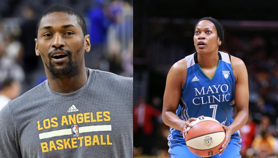 Metta World Peace of the Los Angeles Lakers (left) and Jia Perkins of the Minnesota Lynx shown side-by-side.