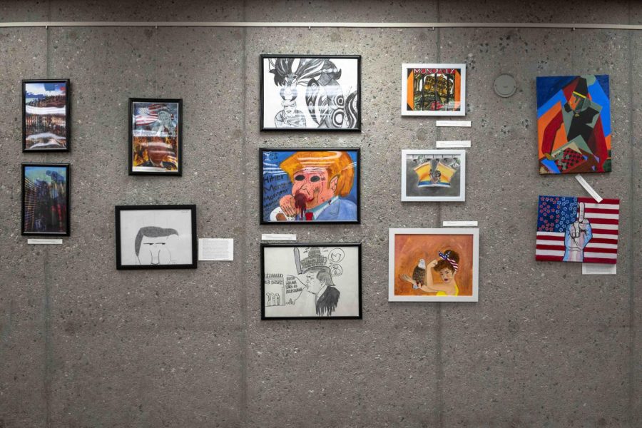 Located between the front desk and Cafe 47 in the library, the Art and Politics Exhibit ranges from race to climate change.