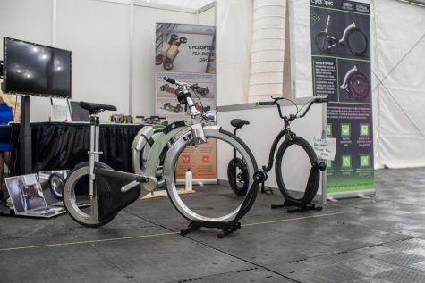 Electric spoke-less bikes were also available for preview at some of the press conferences.