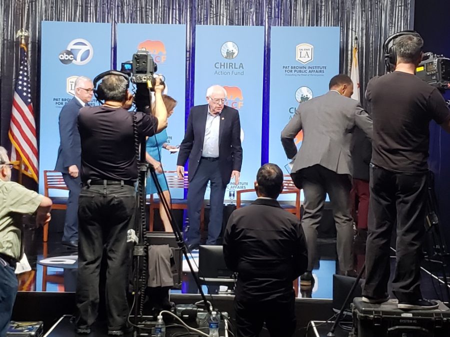 Bernie Sanders finishes up his time at the Democratic forum that focused on Latinx issues at the Cal State LA Luckman theater.