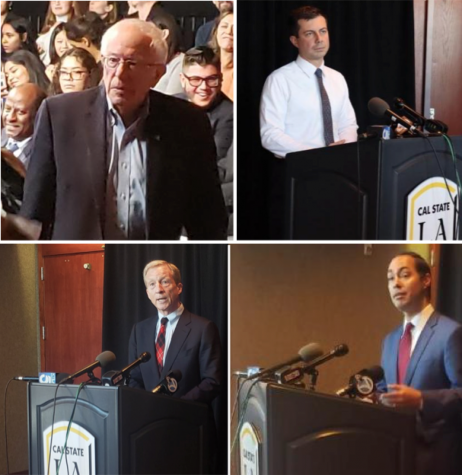 Photos from top left, clockwise: Bernie Sanders by Richard Tzul, Pete Buttigieg by Catherine Valdez, Julian Castro and Tom Steyer by Amairani Hernandez