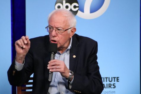 Senator Bernie Sanders is shown talking about issues Latinx voters care about.