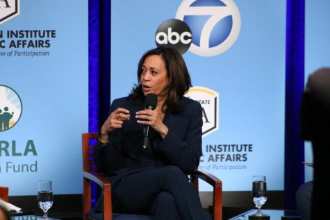 Senator Kamala Harris is shown sharing her views at the presidential candidates forum on campus.