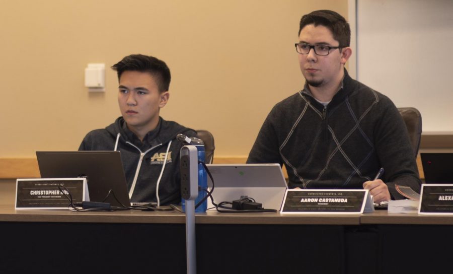 Christopher Koo (left) and Aaron Castaneda (right) listen to Cal State LA community members during a Board Members meeting on Nov. 14.