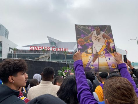 Hundreds of fans gather in front of the Staples Center in LA Live to commemorate Kobe Bryant’s passing on January 26, 2020.