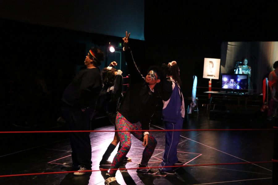 Team Turnip does the final pose of their halftime dance during a production of Sudden Death Viewpoints.