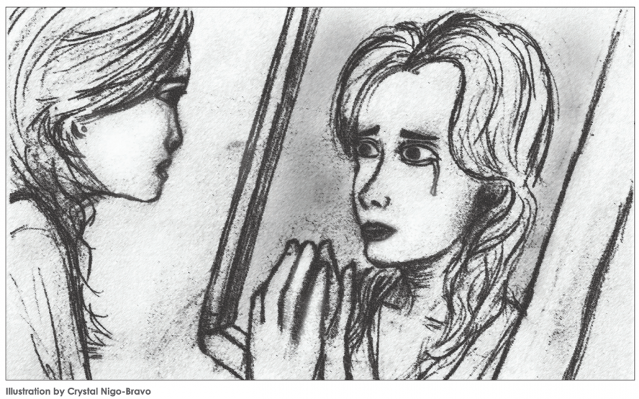 black+and+white+drawing+of+woman+crying+and+looking+into+mirror