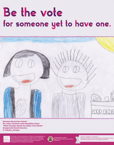 Daniel Sanchez, a graphic design major, crafted his artwork based on the drawings of children with special needs. Coordinating with a behavioral specialist and their teacher, he also interviewed them to learn what kind of world the children want to see. Each of his art pieces contains the slogan: “Be the vote for someone yet to have one.”