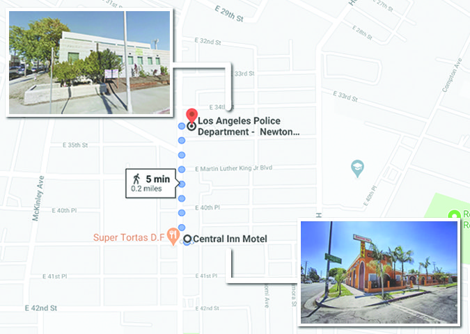 The Newton police station is a close walk to the Central Inn Motel. Infographic by Brennan Hernandez using photos by Kilmer Salinas and data by 2020 Google Maps