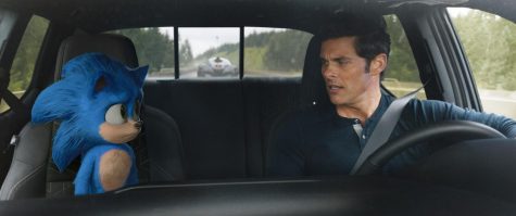 Sonic, voiced by Ben Schwartz, (left) and James Marsden (right) in a scene from “Sonic the Hedgehog.”