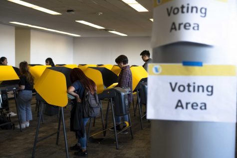 Students spread out all through the voting area in the Palmer Wing of the library during Super Tuesday as the primaries continued throughout the day.
