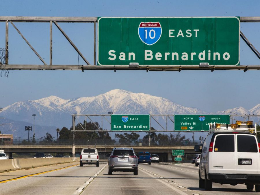 The San Gabriel Mountains shown clearly in the background on the 10 freeway near Cal State LA.