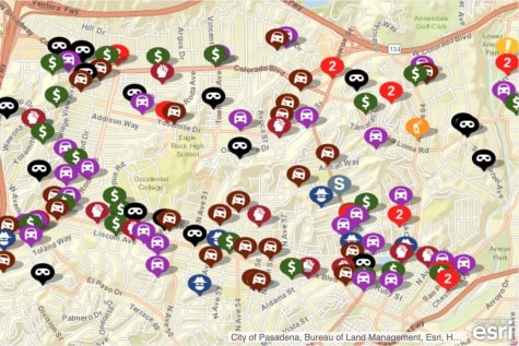 A map of the reported crimes on Colorado Blvd, Eagle Rock Blvd and York Blvd between March 1 and May 1, 2020. Data Collected from CrimeMap.com.