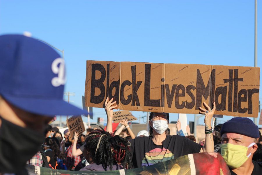 Protestors gather in Downtown Los Angeles, on Friday, May 29, to protest against police brutality in honor of George Floyd who died at the hands of Minneapolis Police earlier this year. Photo courtesy of Corinne Baptiste.