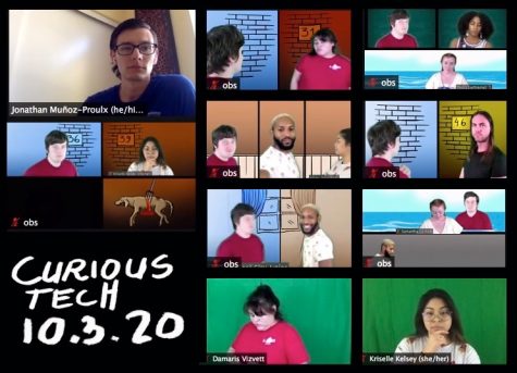 The theater department rehearses and practices using Open Broadcaster Software (OBS) to create backgrounds for the first upcoming play. Photo Meredith Greenburg.