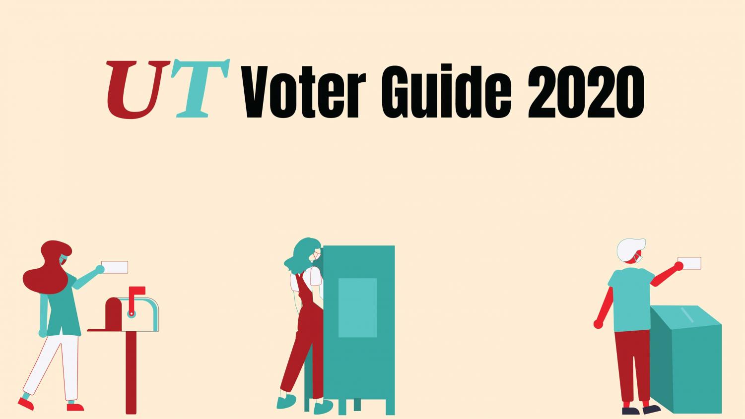 People with masks on voting by bail and in person and the words "UT Voter Guide 2020" on top.