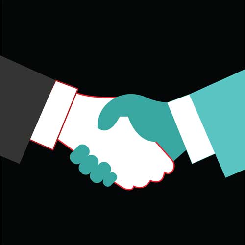Graphic art of two people shaking hands, one white and one dark green, both appearing to wear business suits.