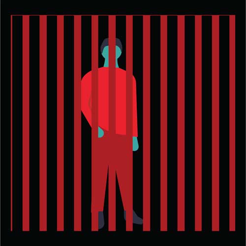 A red and teal illustration of a person behind bars.