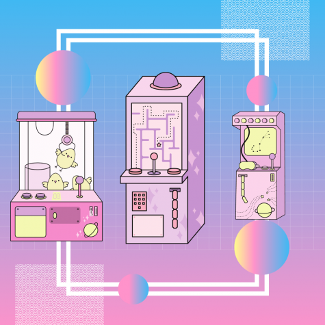 Illustration of three arcade-style video games. Artwork by Rebecca Diaz using Canva