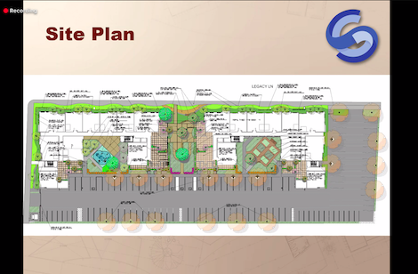 Screenshot of housing presentation demonstrating the site plan for the Legacy Apartments. 